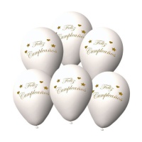 Balões de látex biodegradáveis brancos com uma frase de Feliz Aniversário em dourado 23 cm - 6 unidades
