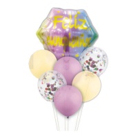 Bouquet hexagonal de Feliz Aniversário cor-de-rosa e amarelo - 7 unidades