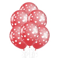 Balões de látex vermelhos com corações brancos 30 cm - 10 unidades