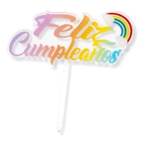 Topo de bolo de feliz aniversário em tons de arco-íris