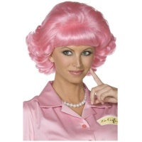 Cabeleira francesa com licença oficial Grease Frenchy curta e rosa encaracolada