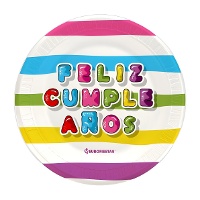 Pratos Happy Birthday com riscas coloridas 18 cm - 8 unid.