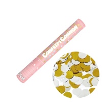 Canhão de confettis de 40 cm com bolinhas douradas e prateadas.