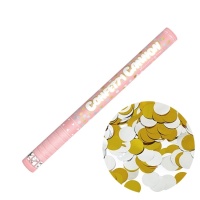 Canhão de confettis de 60 cm com bolinhas douradas e prateadas.