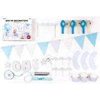 Conjunto de mesa de doces azul para o primeiro aniversário - 33 peças