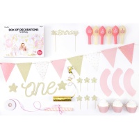 Conjunto de mesa de doces para o primeiro aniversário cor-de-rosa - 33 peças
