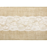 Corredor de mesa de ráfia de 28 cm com renda central branca - 2,75 m