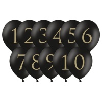 Balões de látex preto com números dourados 30 cm - PartyDeco - 11 unidades