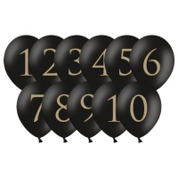 Balões de látex pretos com números dourados 30 cm - PartyDeco - 11 unidades