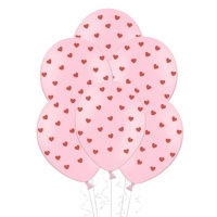 Balões de látex rosa com corações vermelhos 30 cm - PartyDeco - 6 unidades