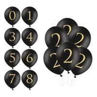 Balões de látex preto com número dourado 30 cm - PartyDeco - 50 unidades