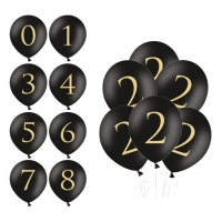 Balões de látex pretos com número dourado 30 cm - PartyDeco - 50 unid.