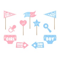 Kit para photo booth de Baby Shower azul e rosa - 11 unidades