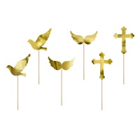 Palitos para cupcake dourados My First Communion - 6 unidades