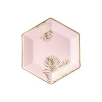 Pratos hexagonais cor-de-rosa com folhas douradas de 23 cm - 6 unidades