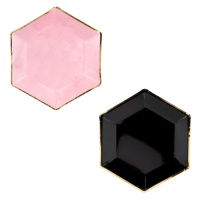 Pratos hexagonais com rebordo dourado - 23 cm - 6 unidades