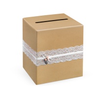 Caixa de desejos Kraft com renda branca - 24 x 24 x 24 cm