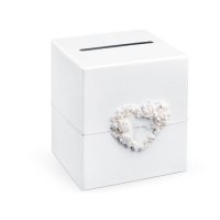 Caixa de desejos com coração de flores brancas - 24 x 24 x 24 cm