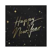 Guardanapos Happy New Year pretos 16,5 x 16,5 cm - 20 unid.