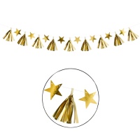 Grinalda de borlas douradas com estrelas - 2,00 m