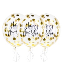 Balões de látex transparente com confettis dourados de Happy New Year de 27 cm - PartyDeco - 3 unidades