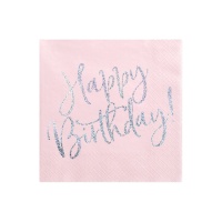 Guardanapos de Happy Birthday cor-de-rosa pálido de 16,5 x 16,5 cm - 20 unidades