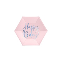 Pratos hexagonais de Happy B'day rosa pálido de 17 cm - 6 unidades