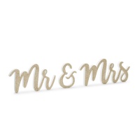 Letreiro dourado de madeira Mr. & Mrs. com purpurina - 50 x 10 cm