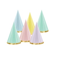 Chapéus de festa de cores variadas com borda dourada - 6 unidades