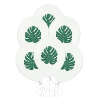 Balões de látex brancos com folha havaiana 30 cm - PartyDeco - 50 pcs.