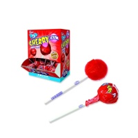 Chupa-chupas redondos de sabor cereja com pastilha elástica - embalagem individual - Fini cherry pop gum - 100 unidades
