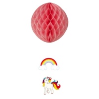 Pendente de Unicórnio arco-íris em bola favo de mel cor-de-rosa
