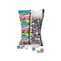 Mini bolas de cereais com cobertura de chocolate branco, cor-de-rosa e azul - 85 gr.