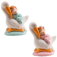 Figura para bolo de batizado de cegonha com bebé a dormir - 10 cm