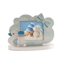 Figura para bolo de batizado com moldura para foto azul com detalhes de bebé - 11 cm