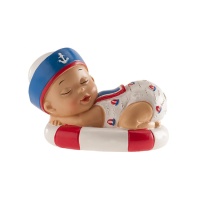 Estatueta de bolo de batizado com marinheiro bebé com boia - 7 cm