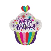 Balão silhueta Cupcake multicor Happy Birthday de 55 cm
