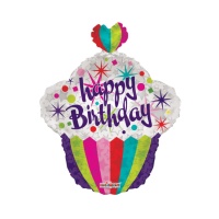 Balão Happy Birthday Multicolor Cupcake Silhouette 55cm