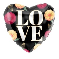 Balão de coração negro de amor com flores 45 cm