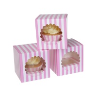 Caixa para 1 cupcake às riscas rosa e branco - 9 x 9 x 9 cm - House of Marie - 3 unidades