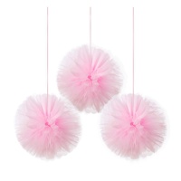 Pingente de tule pompom rosa - 3 peças.