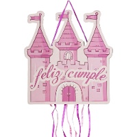 Piñata em forma de castelo rosa para aniversário - 49 x 40 cm
