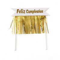 Topper para bolo Feliz Cumpleaños com franjas douradas