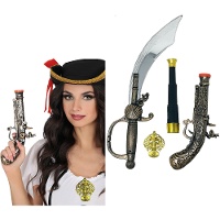 Conjunto de pirata com catalejo, espada, pistola e medalha