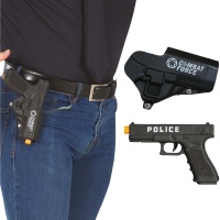 Pistola de polícia preta com coldre de 20 cm.