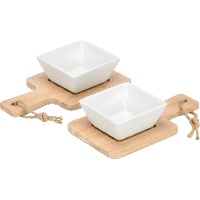 Conjunto de 2 bandejas de bambu com tigela quadrada de porcelana - 2 unidades