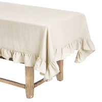 Toalha de mesa 2,50 x 1,45 m em tecido natural com folhos.