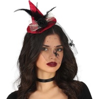 Mini chapéu de bruxa vermelho com véu