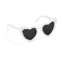 Óculos com forma de coração branco com pérolas