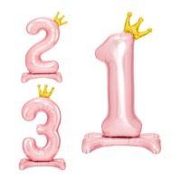 Balão número cor-de-rosa de 105 cm com coroa